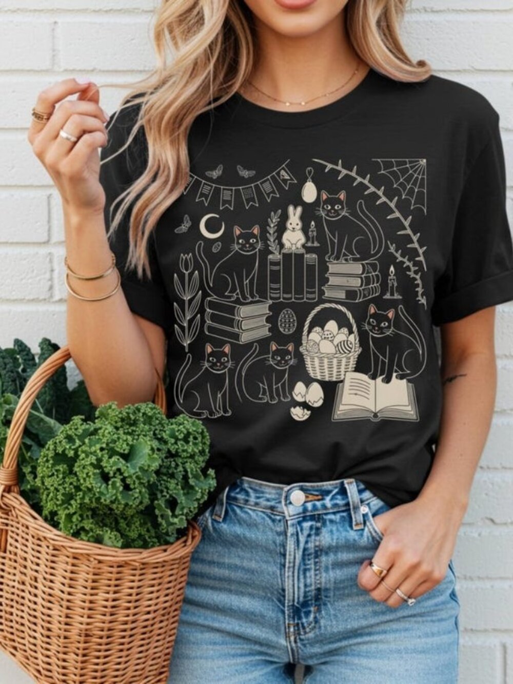 Spooky Easter Cat Graphic Tee, Gothic Bunny Dark Academia Shirt